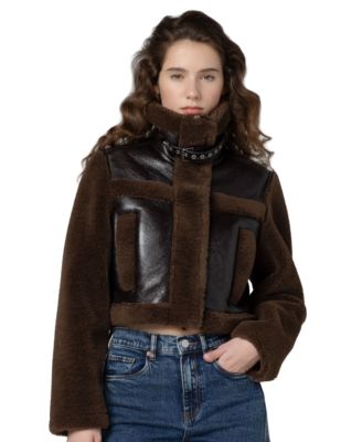 BLANK NYC Women's Funnel Collar Cropped Sherpa Jacket
