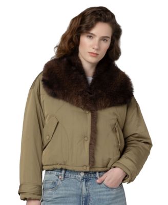 BLANK NYC Women's Shawl Collar Faux-Fur Trim Cropped Jacket
