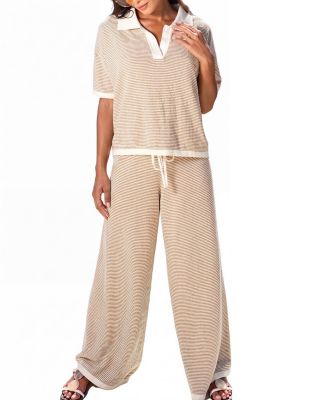 Cupshe Women's Sand Stripe Collared Knit Wide Leg Two Piece Set