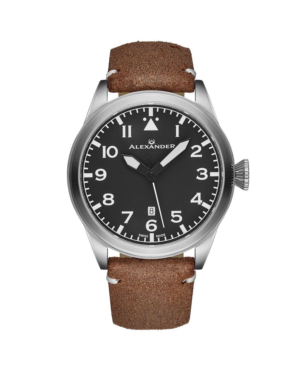 Alexander Men's Swiss Made Aviator A601.02  Quartz Watch with Dial, Suede Leather Strap, Sapphire Crystal, 42mm