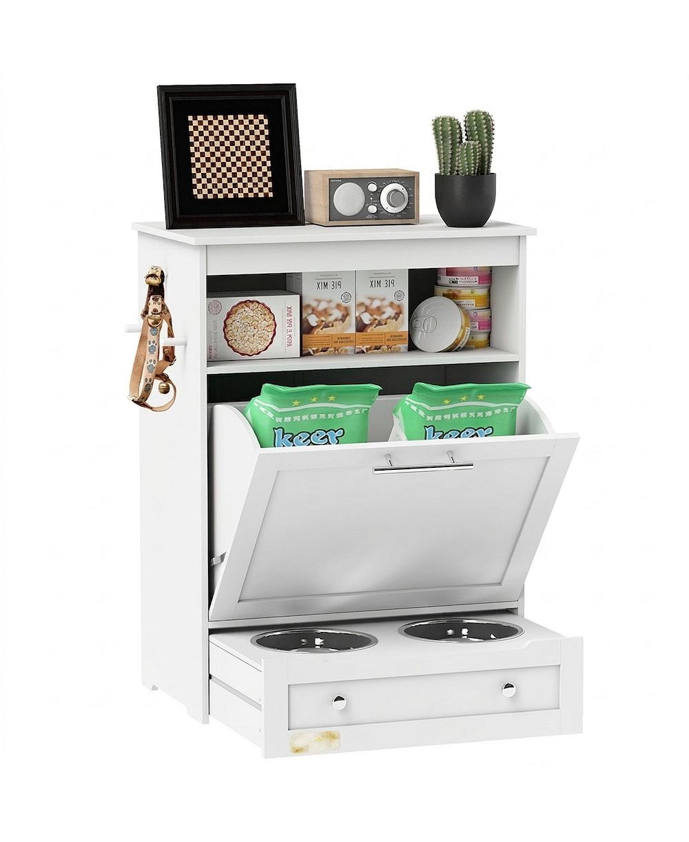 RUIE Pet Feeder Station Storage Cabinet with Raised Dog Bowls and Hooks