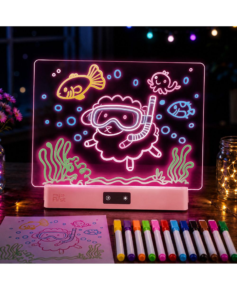 myFirst Sketch прозрачная светодиодная акриловая доска для рисования для детей, 16 LED, с 12 маркерами, до 15 часов работы, 8 цветов LED light