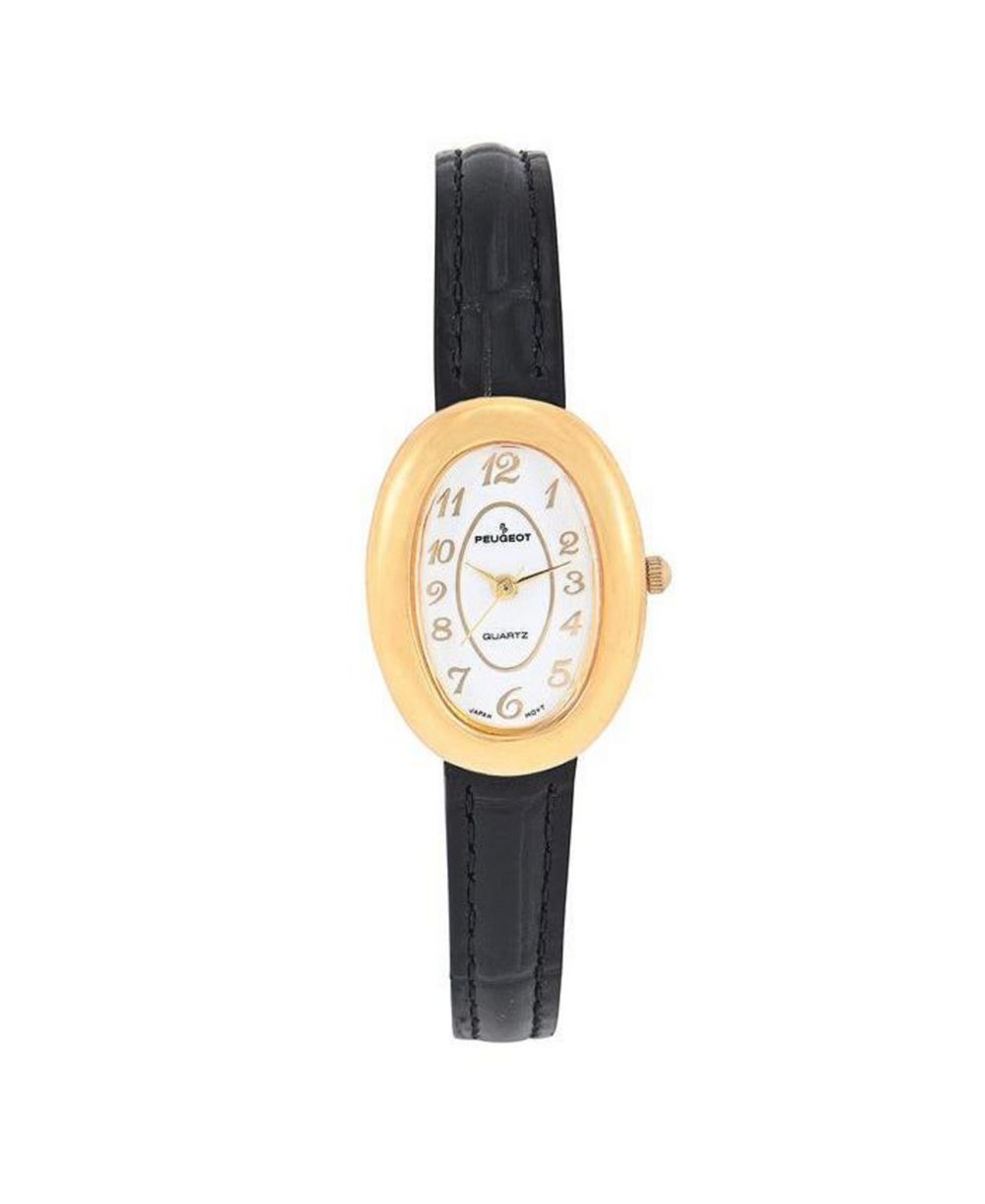 Peugeot Women's 14K Gold-Plated Petite Oval Dial with Thin Glossy Black Leather Strap