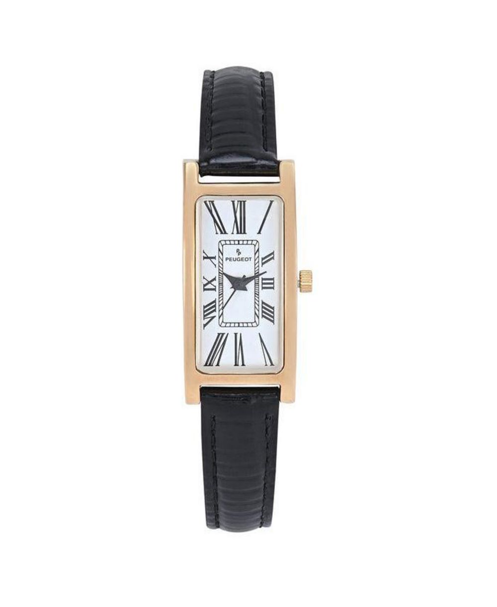Peugeot Women's 35x18mm 14K Gold-Plated Rectangular Roman Numeral Watch with Leather Strap