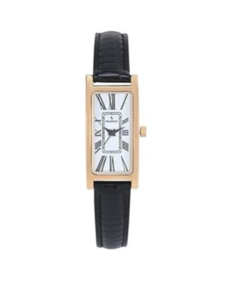 Peugeot Women's 35x18mm 14K Gold-Plated Rectangular Roman Numeral Watch with Leather Strap