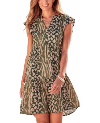 LASCANA Women's Viscose Animal Print Tiered Ruffle-Trim Notch-Neck Short Dress