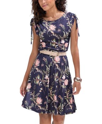 LASCANA Women's Viscose Printed Tie Detail Fit-and-Flare Short Dress