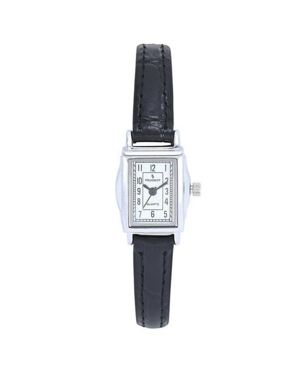 Peugeot Women's Vintage Rectangular Silver Case Small Face Watch with Leather Strap