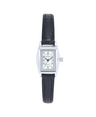 Peugeot Women's Vintage Rectangular Silver Case Small Face Watch with Leather Strap