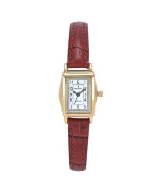 Peugeot Women's Vintage 14K Gold-Plated Rectangular Small Face Watch with Brown Leather Strap