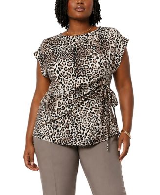 Блузка COIN 1804 Plus Size Leopard Print Pleat and Side-Tie Boat Neck