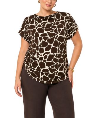 COIN 1804 Plus Size Giraffe-Print Cowl-Neck Rolled-Short-Sleeve Top