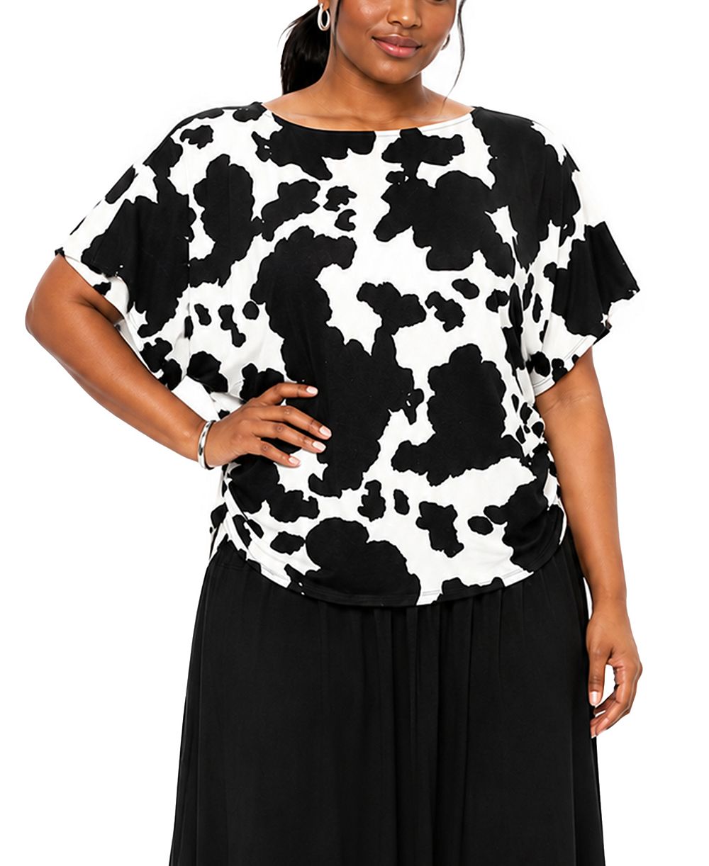 Топ COIN 1804 Plus Size Cow Print Batwing Short-Sleeve Side-Ruched Boat Neck