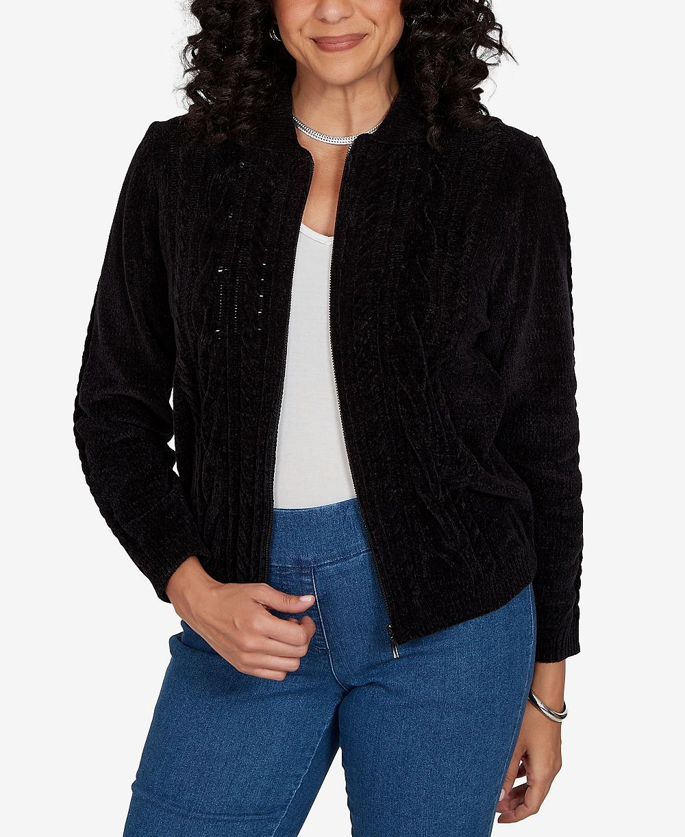 Alfred Dunner Petite Cable Knit Full-Zip Collared Cardigan