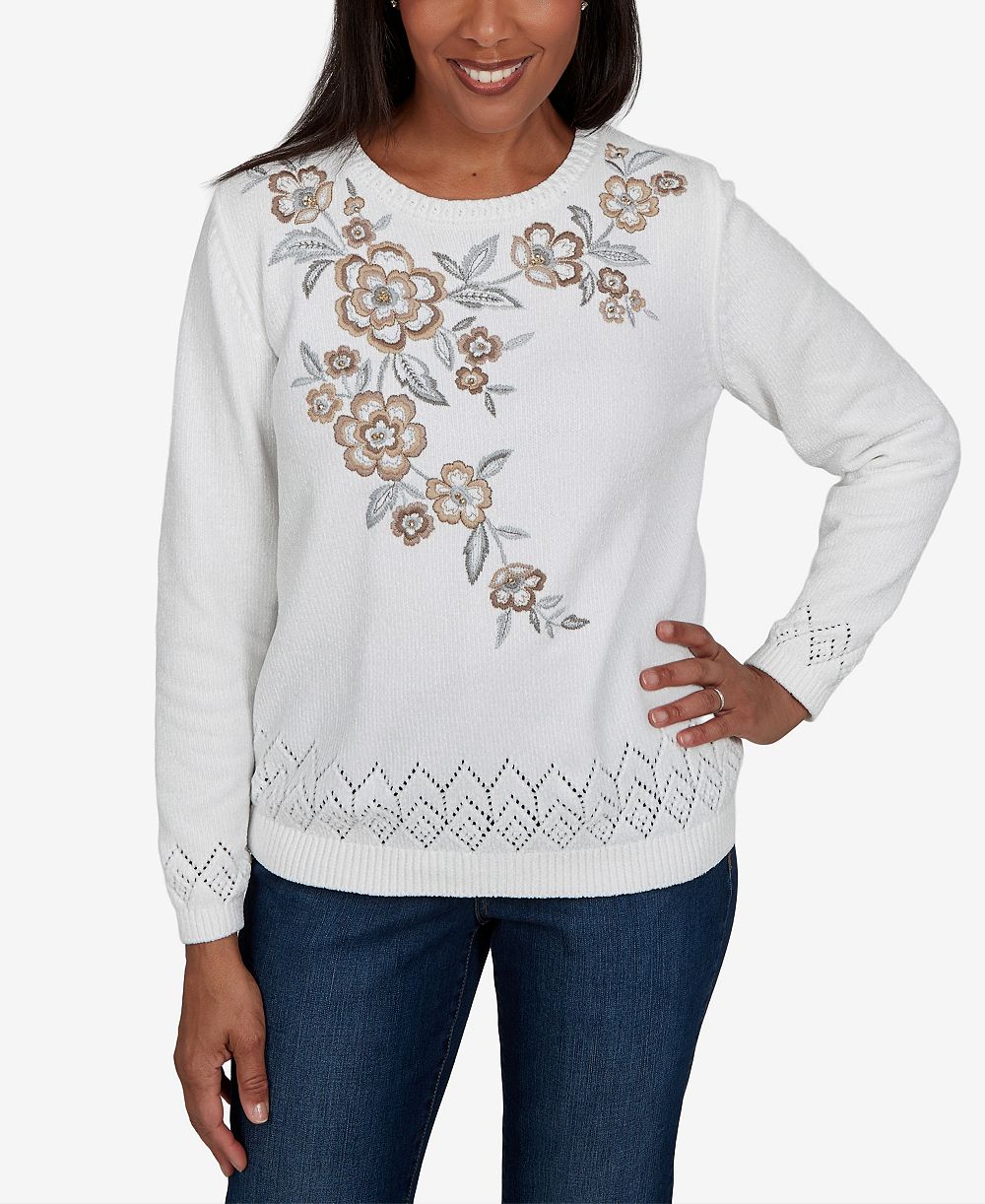 Alfred Dunner Petite Embroidered Floral Textured Chenille Sweater