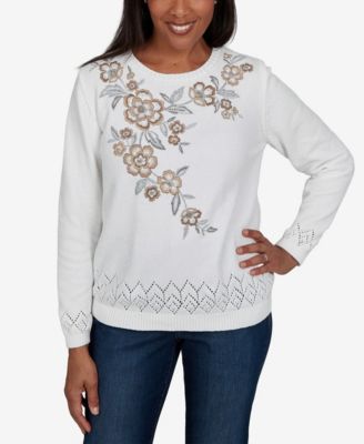 Alfred Dunner Petite Embroidered Floral Textured Chenille Sweater