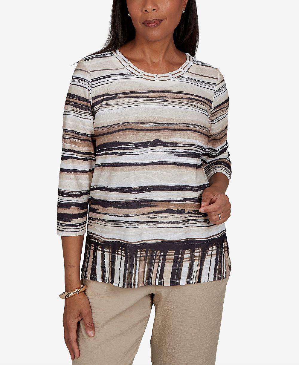 Женский трикотажный топ Alfred Dunner Petite Travel Advisory Scratched Stripes 3/4-Sleeve