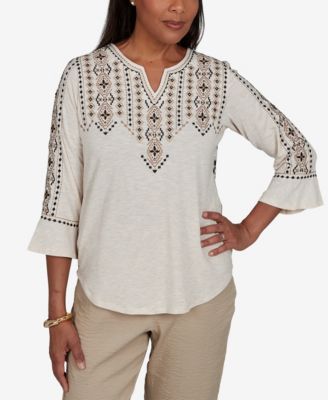 Alfred Dunner Petite Travel Advisory Geometric-Embroidered 3/4-Sleeve Henley Top