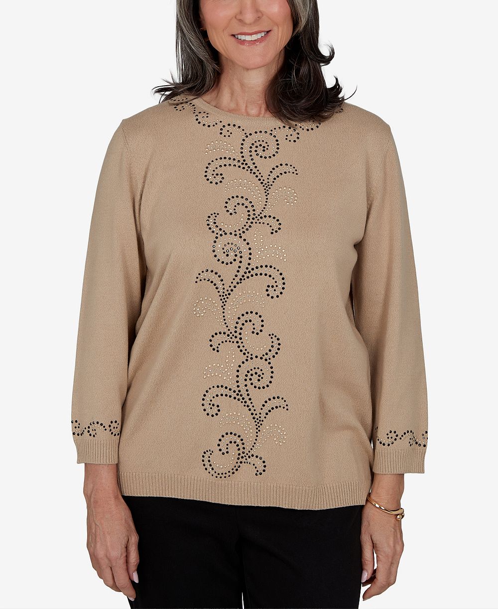 Alfred Dunner Petite Travel Advisory Beaded Scroll Embellished 3/4-Sleeve Sweater