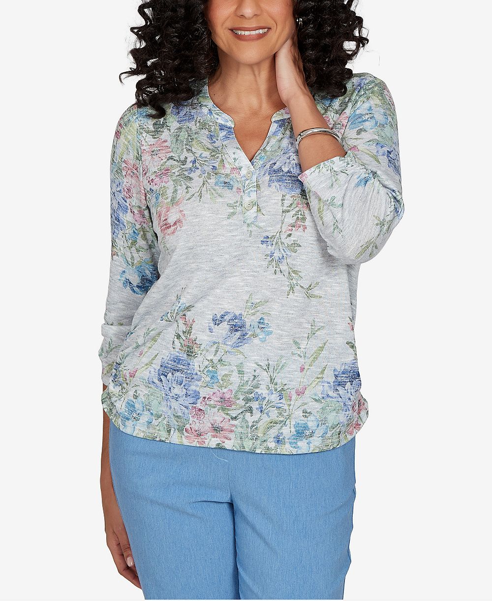Alfred Dunner топ Henley Petite Provence Floral-Print 3/4-Sleeve