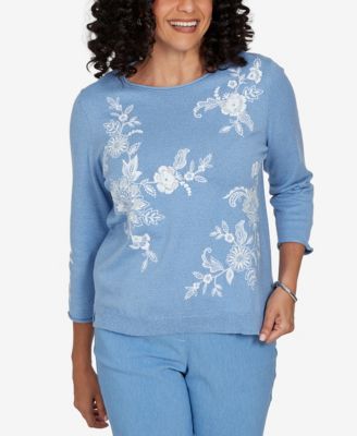 Alfred Dunner Petite Provence Lacey Floral Embroidered 3/4-Sleeve Sweater