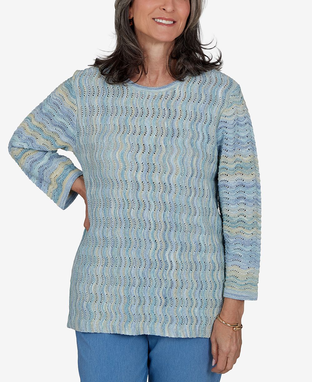 Alfred Dunner Petite Provence Scalloped-Striped Textured Crewneck Sweater