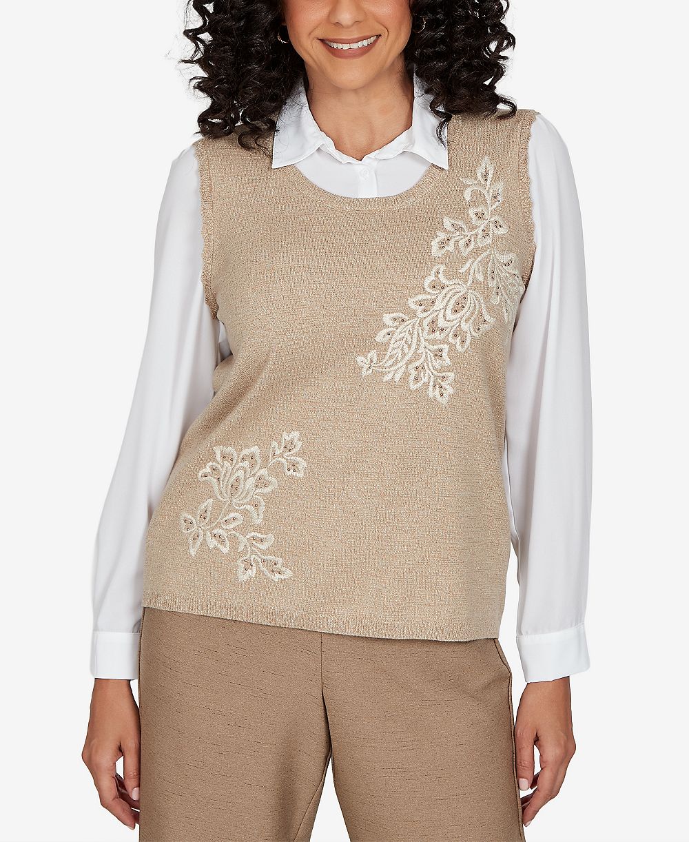 Alfred Dunner Petite Union Square Two-in-One Embroidered Scoop Neck Sweater