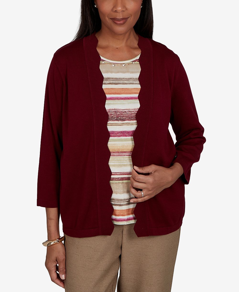 Alfred Dunner Petite Union Square Two-in-One Scalloped Striped Sweater
