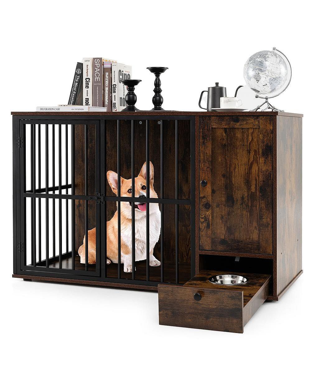 RUIE Dog Crate Furniture End Table with Hidden Pull-Out Feeder Bowls