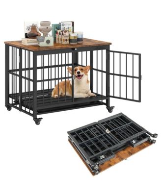 RUIE Foldable Dog Crate Furniture End Table Removable Tray Lockable Door Wheels
