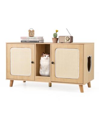 RUIE Cat Litter Box Enclosure with Double Rooms and 2 Sisal Scratching Mats