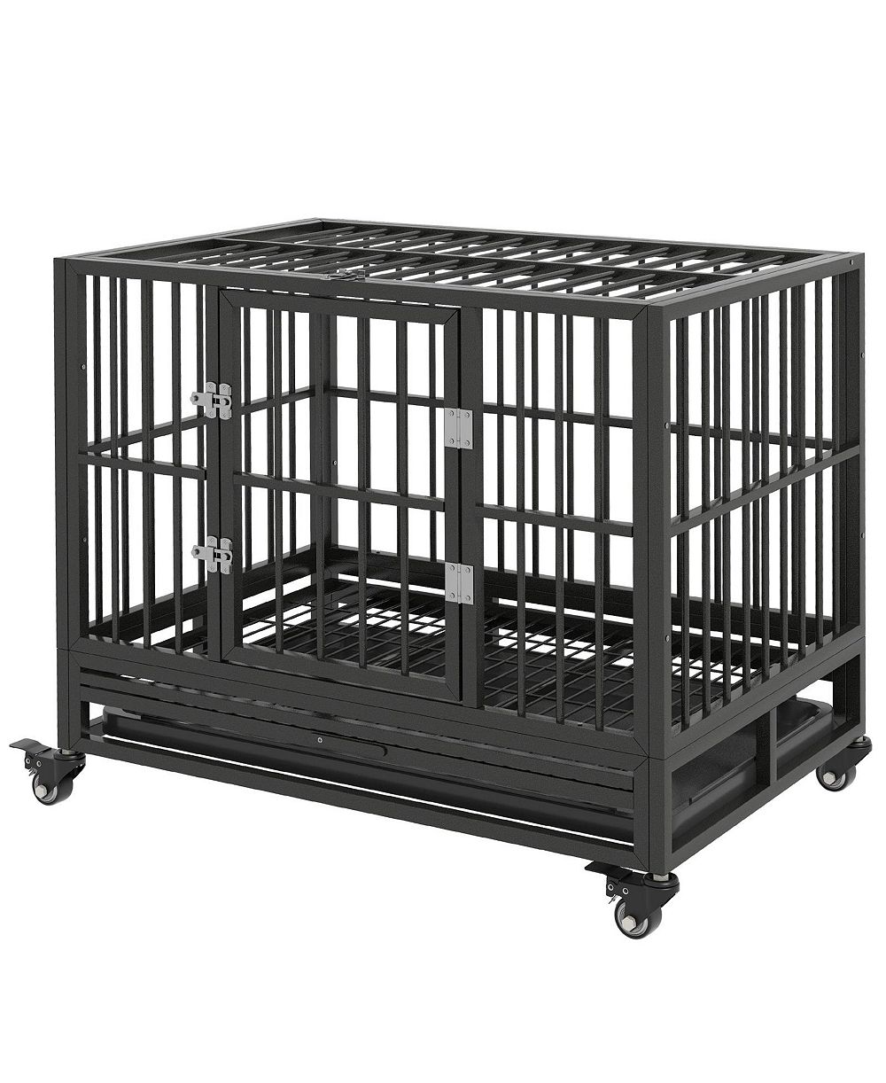 RUIE Heavy Duty Metal Dog Crate Kennel with Lockable Wheels and Tray