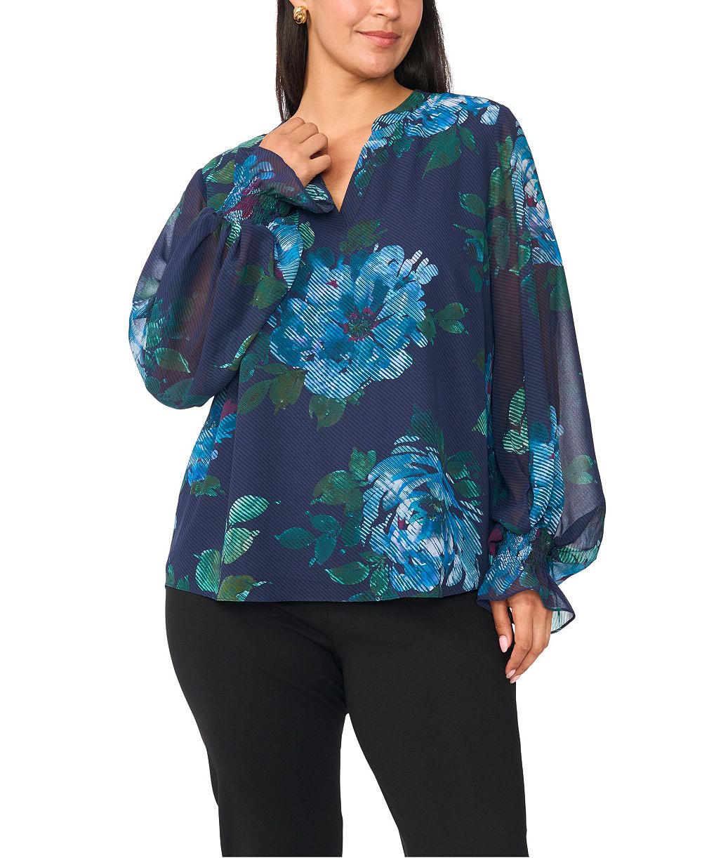 Vince Camuto Plus Size Split-Neck Floral-Print Long-Sleeve Blouse