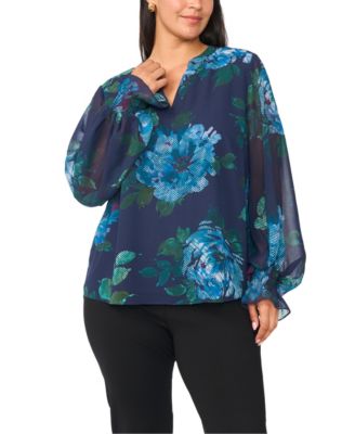 Vince Camuto Plus Size Split-Neck Floral-Print Long-Sleeve Blouse