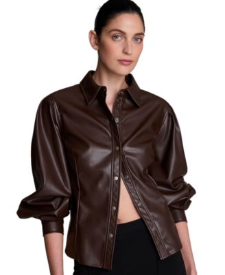 Kenneth Cole Women's Faux Leather Snap Front Pleated Sleeve Collared Shirt