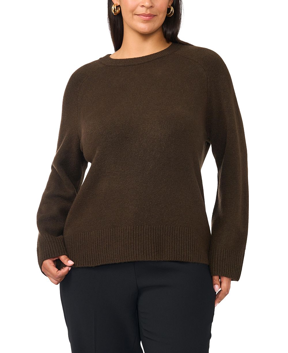 Vince Camuto Plus Size Saddle Shoulder Ribbed Cuffs and Hem Crewneck Sweater