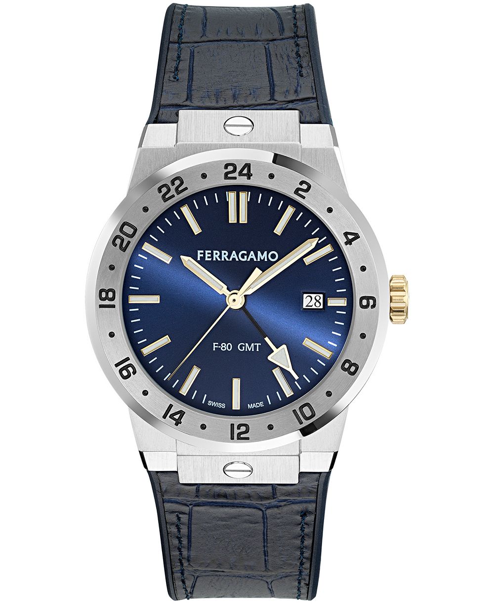 Ferragamo Men's Silver Stainless Steel Leather Strap GMT Watch 41mm