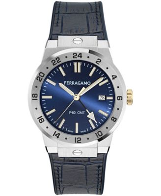 Ferragamo Men's Silver Stainless Steel Leather Strap GMT Watch 41mm