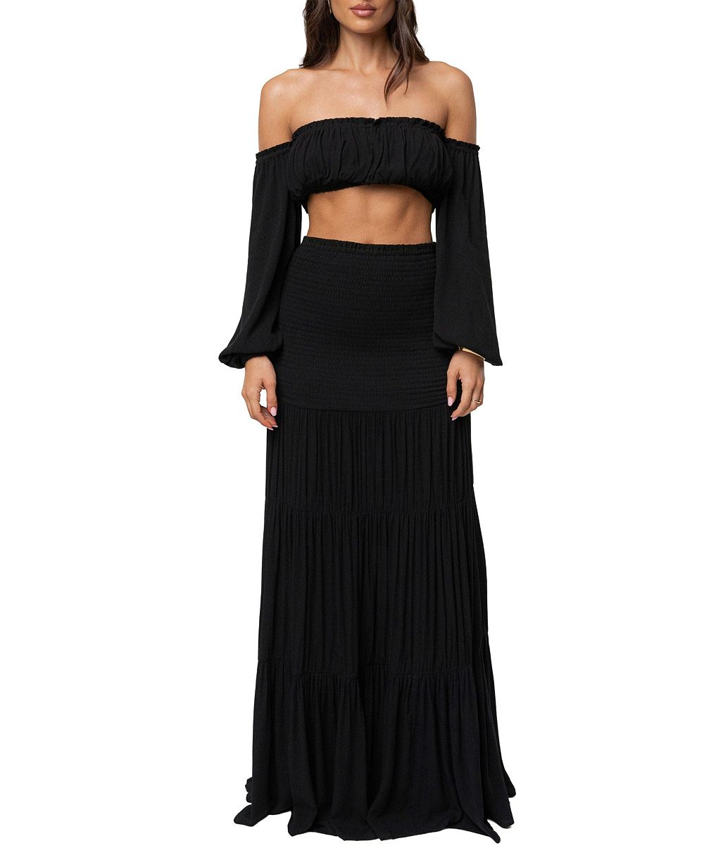 Женский комплект JLUXLABEL Solana: укороченный топ из вискозы с открытыми плечами и юбка макси