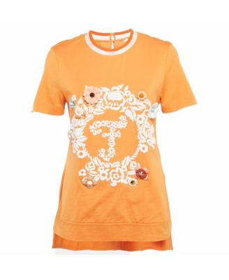 Pre-Owned Fendi Women's Crewneck Floral-Appliqué High-Low-Hem T-Shirt