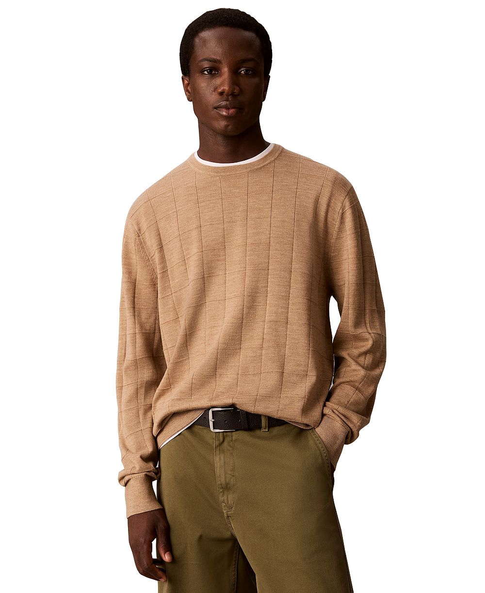 Calvin Klein Men's Merino Grid Lightweight Crewneck Sweater