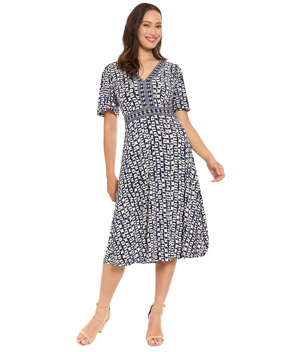 Женское платье London Times Petite Fit and Flare V-Neck Geometric Midi