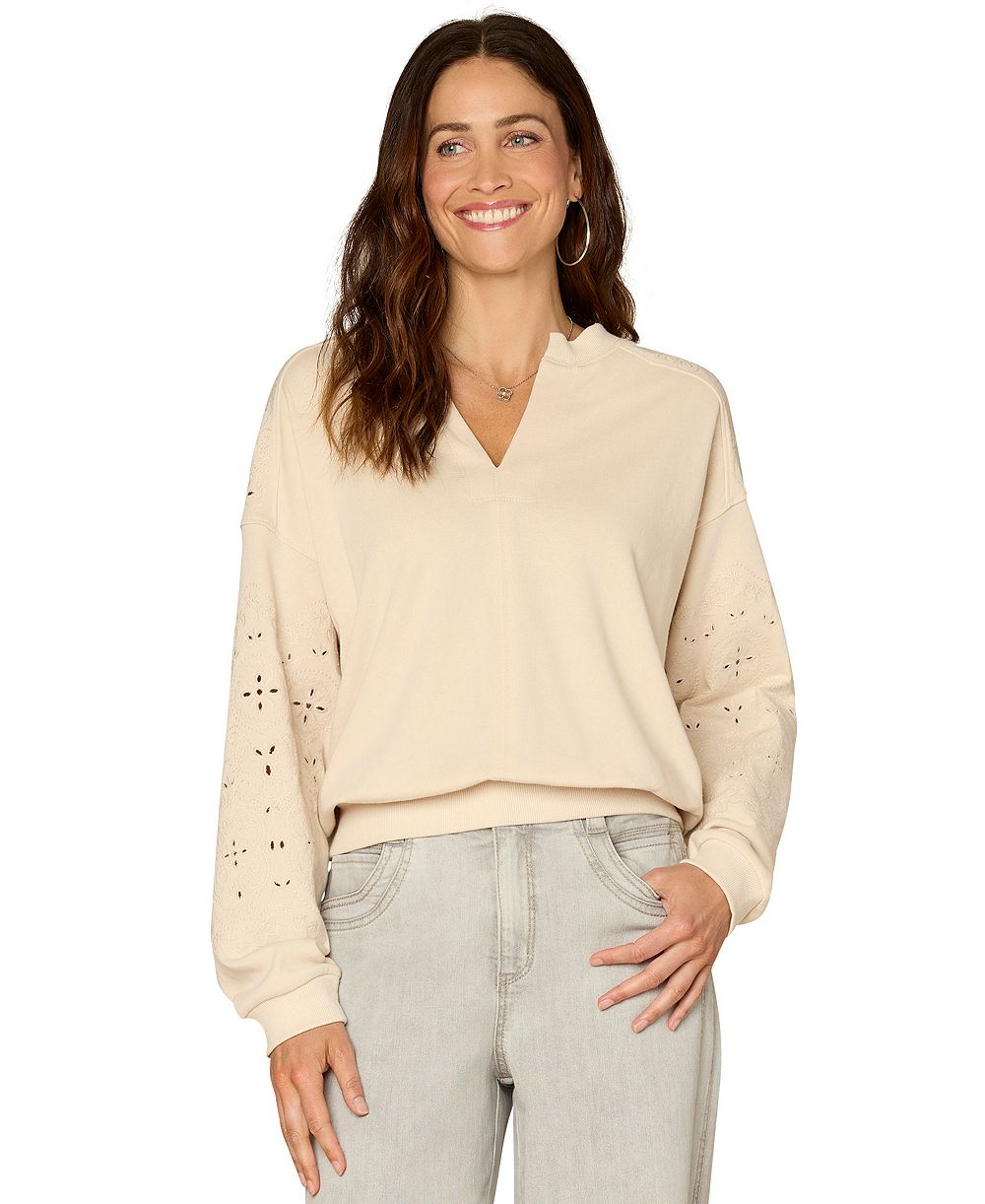 Democracy Women's Embroidered Relaxed-Fit Notch Neck Sweatshirt