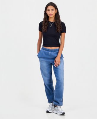 Vanilla Star Juniors' High-Rise Star-Applique Denim Jogger