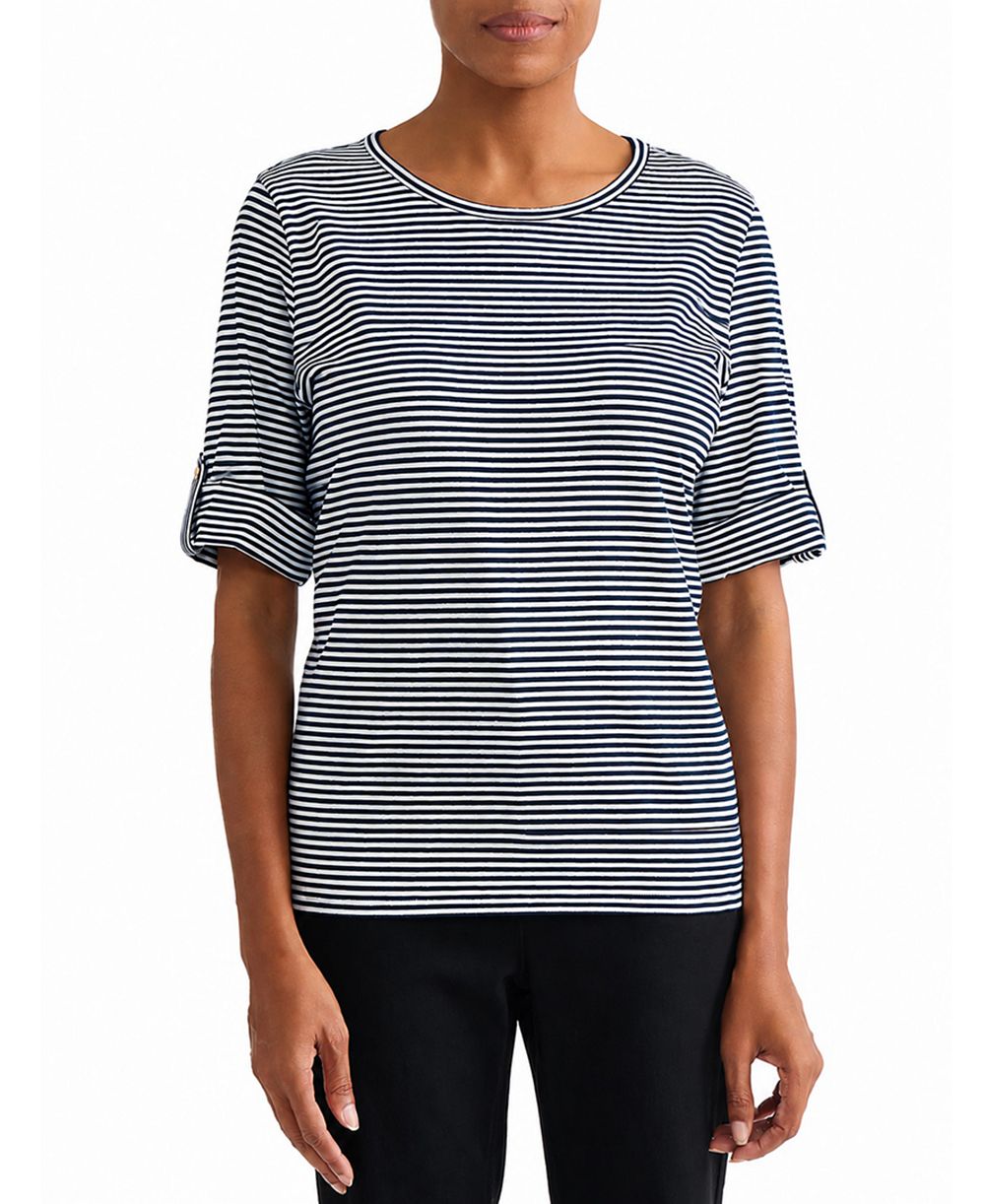 Jones New York Women's Striped Elbow-Length Roll-Cuff T-Shirt