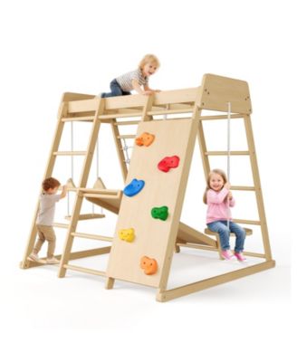 homfan 6 in 1 Wooden Indoor Jungle Gym, Wood Climbing Playset with Slide and Monkey Bars for Kids Ages 1 to 8