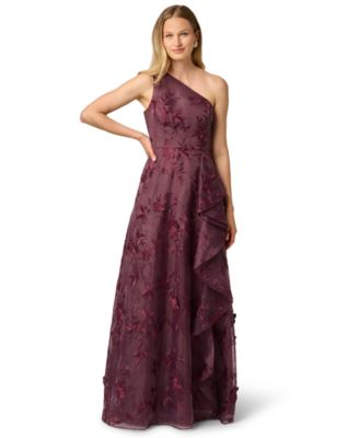 Adrianna Papell Women's Petite One-Shoulder Floral-Embroidered Ruffle Gown