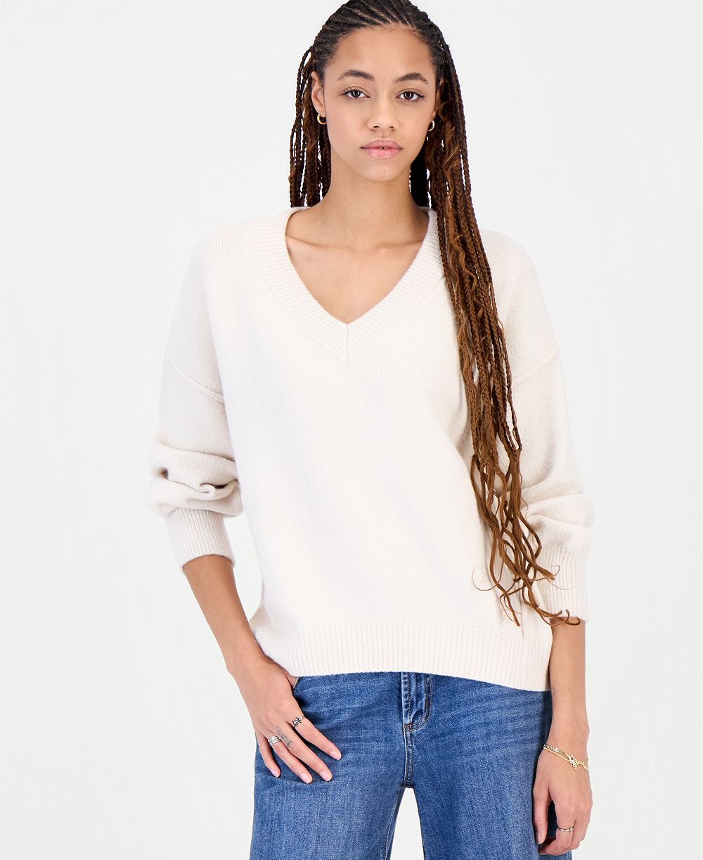 Freshman Juniors' Oversized V-Neck Long Sleeve Sweater