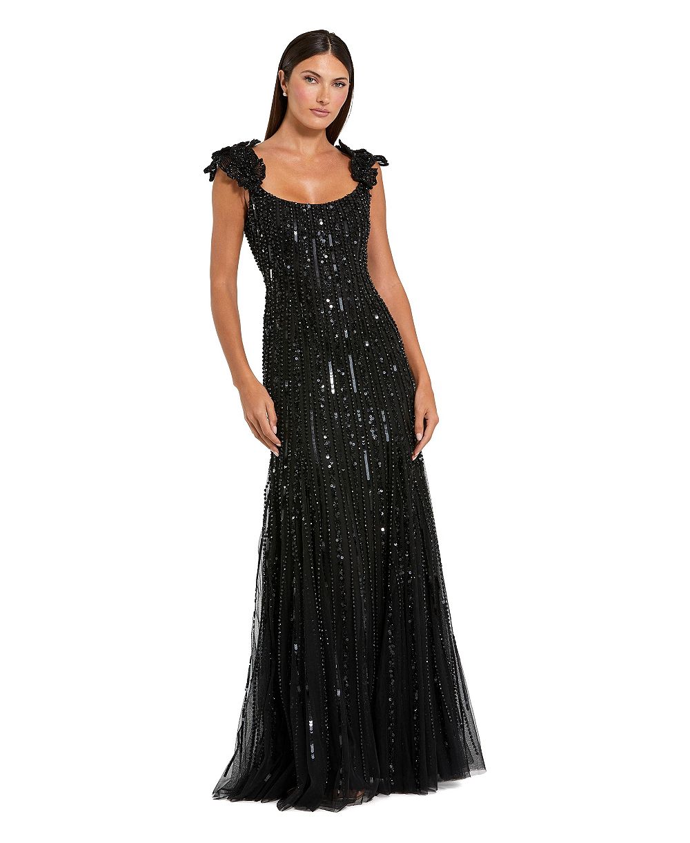Mac Duggal Женское вечернее платье с цветочным принтом, бисером и сеткой на одно плечо