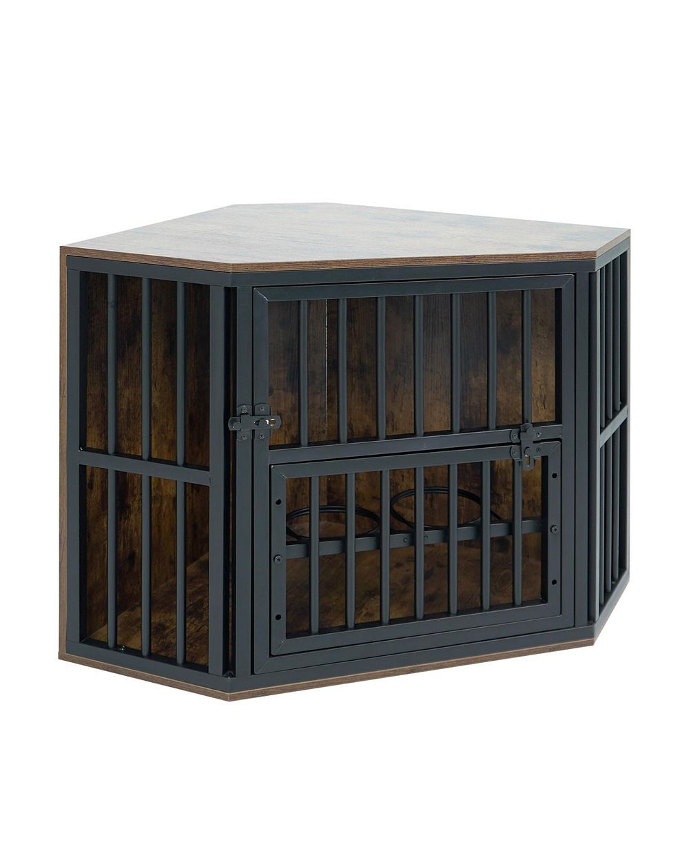 RUIE Wooden Corner Dog Kennel End Table with 3 Position Bowl Rack
